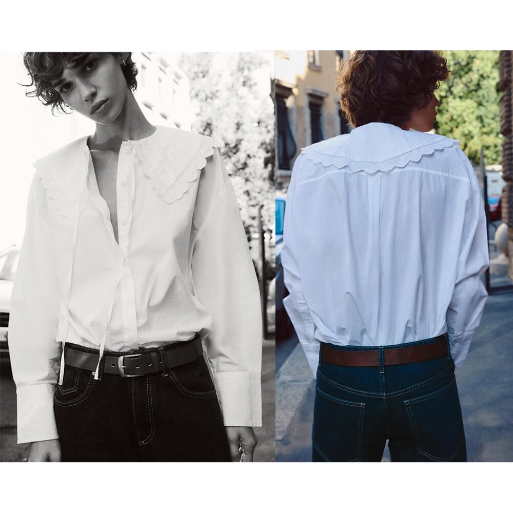 NEW ZARA bib collar poplin white shirt 0881 size XS